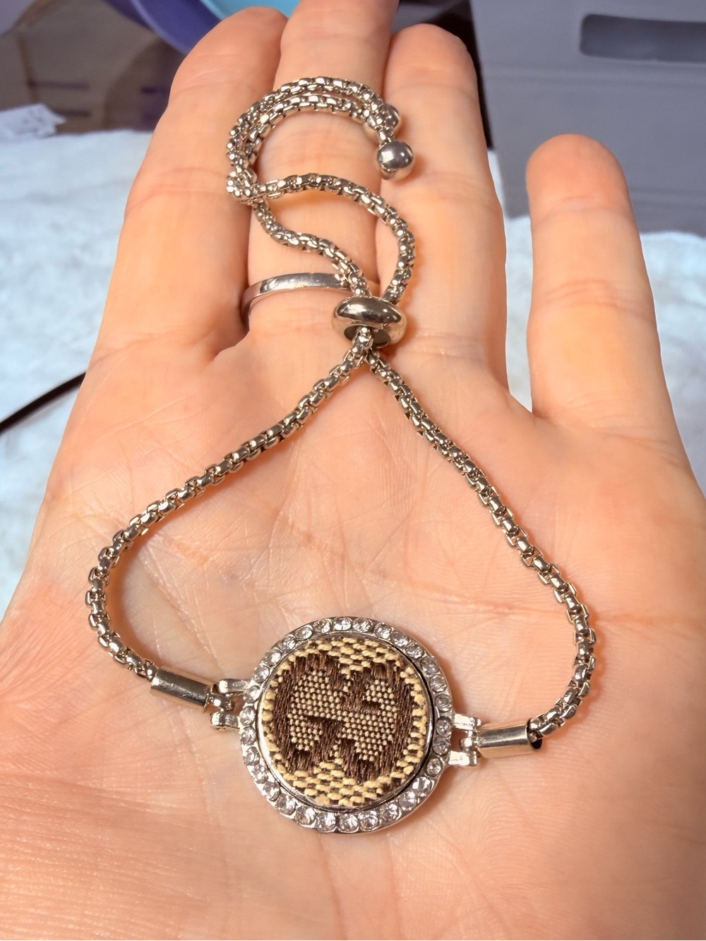 Gucci upcycled Silver tone Logo Medallion Bracelet with Crystals